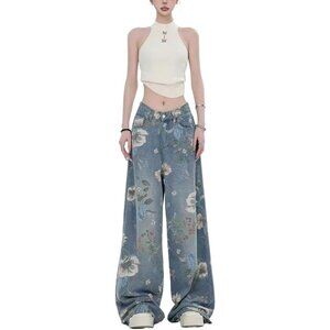 Unisex Floral Baggy Jeans Denim Wide Leg Streetwear Y2K Harajuku